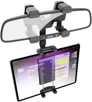 Charchendo Rearview Mirror Tablet Holder with 7.3" Adjustable Arm, Removable Car Rear View Mirror Phone Mount with 4 Clips for Large Rearview Mirror Fits 4.7-13" iPad Pro/Air/Mini, iPhone, Galaxy Z