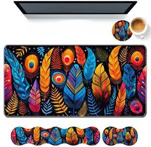 DHEEBFWE Keyboard Mouse Pad Set,Large Desk Pad+Keyboard Wrist Rest+Mouse Pad Wrist Support+Coaster,Easy Typing Pain Relief Non-Slip Mousepad Wrist Support Mousepad Home Office,Colorful Bird Feathers