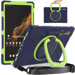 PboyiqiS Heavy Duty Case for Galaxy Tab S9/S9 FE 2023/Tab S8 2022/Tab S7 2020,Hybrid Rugged Case with S Pen Holder, Shockproof Kids Case with 360 Rotating Stand/Shoulder Strap (Navy+Green)