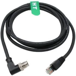 HangTon Gigabit Network Ethernet M12 8 Pin X-Code RJ45 CAT 6A Data Cable for Cognex DM260 Keyence IV3 SR5000 Basler Vision Sensor, Right Angled 1M