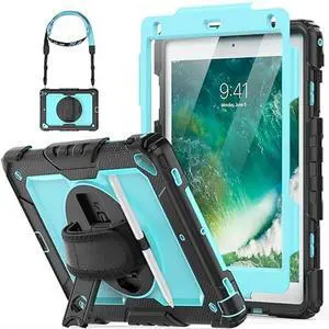HXCASEAC Case for iPad Pro 9.7, Air 2, 9.7 inch 6th/5th Gen 2018/2017/2016/2014 with Screen Protector/Pencil Holder/ 360 Rotating Hand Strap Stand, Full Body Protective Cover for iPad 9.7 - Blue