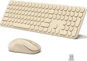KEQTFT Wireless Keyboard and Mouse Combo, 110 Round Quiet Keys, Adjustable Optical Mouse, Share 1xUSB Receiver, Power Switch, for Windows Mac(Khaki)