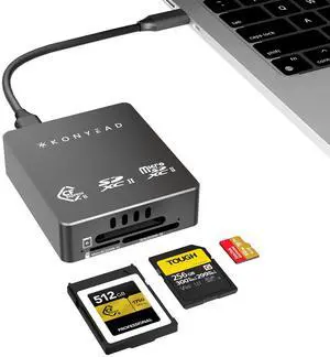 CFexpress Type B & SD & Micro SD 3-in-1 Card Reader, Built-in Silent Fan, Active Cooling,USB 3.2 10Gbps,UHS-II,Aluminum Case,Designed for iPhone/iPad OTG Adapter,for iOS/Windows/Mac OS/Android(9336B)