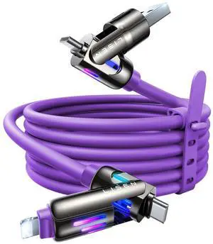 LISEN 240W Chubby USB C to USB C, 4 in 1 Charging Cable (6.6FT) with Light, USB A/C to C/L Multi Charging Cable for iPhone 16 15 14 Pro Max/MacBook/iPad Pro/SamSungS24,Purple
