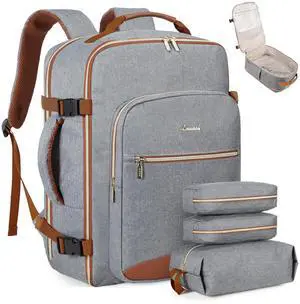 LOVEVOOK Carry on Travel Backpack, 50L Waterproof Large 18inch Laptop Luggage Daypack as Personal Item Flight Approved, Business Weekender Overnight with 3 Packing Cubes, Grey-Brown