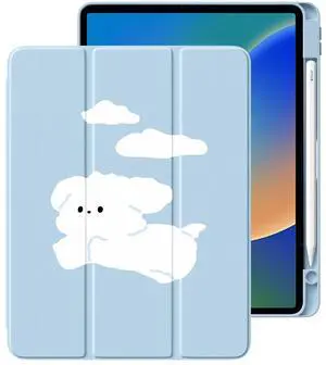 Cute Kawaii Dog for iPad Pro 12.9 Inch Case 5th/6th Generation 2022/2021/2020 with Pencil Holder, Foldable Blue Leather Cover Case, Support Auto Sleep Wake