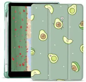 Cute Avocado Pad Case for iPad 10.2 Inch 7th/8th/9th Generation with Pencil Holder, Full Body Protective Trifold Smart Case, Ultra Slim Lightweight Stand Auto Wake/Sleep Cover, Green