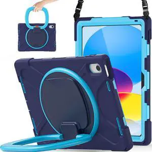 SCSVPN Case for iPad (A16) 11th Generation 11-inch 2025/10th Generation 10.9 Inch 2022, Full Body Shockproof Protective Cover with Pencil Holder, Rotating Stand & Handle, Shoulder Strap - Navy Blue