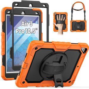 SEYMAC for iPad Air 3 Case 10.5'' for iPad Pro 10.5 Case, Heavy Duty Full-Body Shockproof Protective Case with Screen Protector, 360deg Rotating Stand, Hand/Shoulder Strap for iPad Air 3rd Gen, Orange
