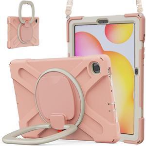 360 Rotation Case for Samsung Galaxy Tab S6 Lite 10.4" Sturdy Cover Rotate Ring Stand Shoulder Carrying Strap Hand Strap Rugged Children Adults Outdoor Case (Pink)