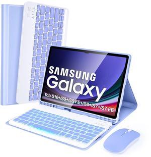 SOPPY 7 Colors Backlit Keyboard Case with Mouse for 12.4" Samsung Galaxy Tab S7 FE/S7 Plus/S8 Plus/S9 FE Plus/S9 Plus/S10+, Wireless Keyboard with Case & Pen Holder for Samsung Tab 12.4 Inch, Purple