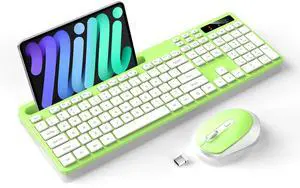 Wireless Keyboard and Mouse Combo, Soueto 2.4G Full-Sized Computer Keyboard with Phone Tablet Holder, 22 Multimedia Shortcuts, Numeric Keypad, 6 Button Silent Mouse for Windows, Mac (Bright Green)