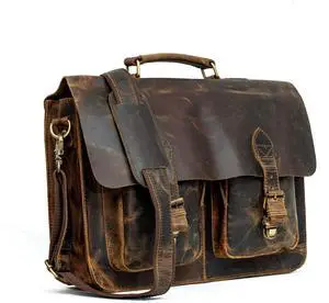 16" Inch Rustic Vintage Retro Buffalo Leather Laptop Messenger Briefcase Satchel Office Bag Men & Women (Distressed Tan)
