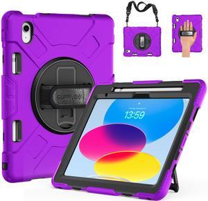 SUPFIVES Case for iPad 10th Generation 2022, Upgraded Military Grade Heavy Duty Silicone Protector iPad 10th Gen 10.9 inch 2022 Cover Pencil Holder+ Rotating Stand+ Handle+ Shoulder Strap(Purple)