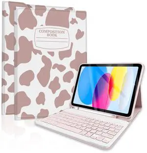 TopPerfekt Case Keyboard for iPad Gen 11th (A16) 11-inch 2025/iPad 10th 10.9-inch 2022,Detachable,Rechargeable,Magnetically Absorbent,Pencil Holder for 10.9 inch Case with Keyboard-Note Cow PinkBrown