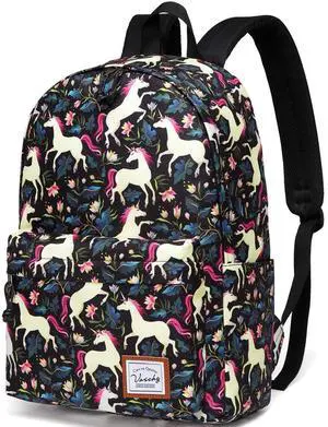 VASCHY School Backpack for Girls, Cute Schoolbag Bookbag for Kids/Teens/Middle School/College/Work Backpack for Women, Black Unicorn