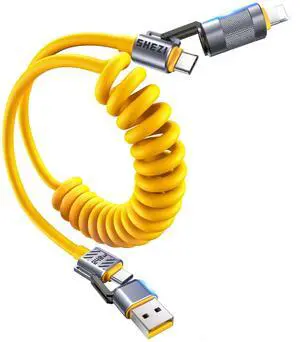 Vexipia 4-in-1 Coiled USB C Cable for Car [240W Fast Charging] USB C to Lightning Cable [CarPlay&Android Auto] Charger Cord with L/Type C/USB A Multi Ports for iPhone/iPad-5ft Yellow