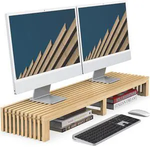 WELL WENG Dual Monitor Riser Stand with Airflow Vents for 2 Monitors, Double Computer Monitor Laptop Stand Grille Design, 3 Mins Assembly Farmhouse 39 inch Bamboo Desk Shelf Organizer (Natural)