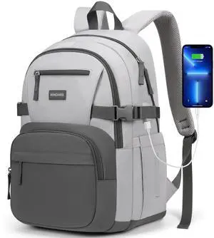 WINDARS Backpack for School Girls, Cute High School Backpacks for Teens Women Student Large Bookbag 15.6 Inch Laptop Bag with USB Charger Port for College Work Travel Trip (Dark Grey & Light Grey)