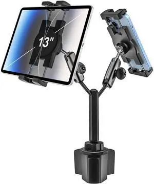 woleyi Dual Tablet Holder for Car Cup - [Double Metal Arm] Heavy Duty Adjustable Car Cup Holder Tablet Mount for Truck, Compatible with iPad Pro Air Mini, Galaxy Tabs, Z Fold, iPhone, 4.7-13" Devices