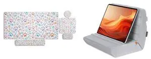 MOSISO Tablet Pillow Stand,Soft Tablet Holder for Lap,Tablet Soft Pad Dock with Pocket&Stylus Slot&4 Viewing Angles&Gaming Mouse Pad&Massage Keyboard Wrist Rest Set, Gray&Fish Bones&Paw Prints