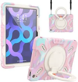PEPKOO Triple Shock Protection Case for iPad 10th Generation 10.9 inch 2022, Kids Boy Girl Rugged Cover with Pencil Holder, Kickstand Handle, Shoulder Strap (Colorful Pink)