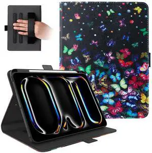 Dteck for iPad Pro 13-Inch M4 Case 2024 (A2925/A2926/A3007), PU Leather Folio Case with Stand & Auto Sleep Wake Function, Built-in Pencil Holder & Hand Strap, Protective Cute Cover, Colorful Butterfly