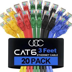 Cat6 Ethernet Cable (3 Feet) LAN, UTP Cat 6 RJ45, Network, Patch, Internet Cable - 20 Pack (3 ft)