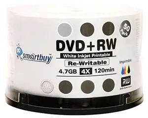 50 Pack Smartbuy Blank DVD+RW 4X 4.7GB 120Min White Inkjet Hub Printable Rewritable DVD Media Disc