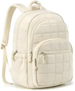 BAGSMART College Laptop Backpack, Travel Laptop Backpack for Women, Quilted Casual Daypack, Water-Resistant Bookbag for 15.6 Inch Laptop, Beige