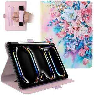 Dteck for iPad Pro 11-Inch M4 Folio Case 11" 2024 Release, PU Leather Cute Case with Adjustable Stand Angles/Auto Sleep Wake, Pencil Holder/Hand Strap, Protective Lightweight Slim Cover, Pink Blossom