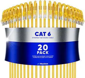 Maximm Cat 6 Ethernet Cable 1.5 ft (20-Pack) - High-Speed LAN Cable, Internet Cable, Patch Cable, and Network Cable - UTP, 10Gbps, 550MHz Ethernet Cord - Yellow