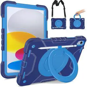 Andnary Case for iPad (A16) 11th Generation 11 inch 2025/10th Generation 10.9 inch 2022, Heavy Duty Shockproof Cover with 360deg Rotating Handle/Bracket/Pen Holder/Shoulder Strap, Navy+Blue