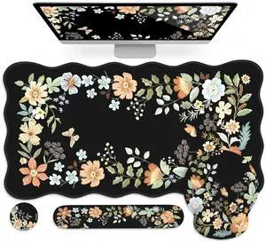 Anyshock Scalloped Desk Cover Mat, Aesthetic Mousepad with Wrist Rest, Memory Foam Wrist Support for Keyboard, Ultra Smooth Mouse Pad for Office Desk Decor, School Supplies (Black)