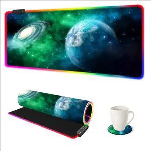 ARTSO Large RGB Gaming Mouse Pad, Led Big Mouse mat with 14 Light Modes, Extended Soft Computer Keyboard Mat Non-Slip Rubber Base, Green Planet Nebula