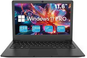 Azeyou 11.6" Laptop HD Display, Student Laptop Computer 4GB DDR4 RAM, 128GB SSD, Windows 11 Pro Laptops, Metal Shell, WiFi, BT4.2, USB3.0, Type_C 4000mAh Battery (Black)