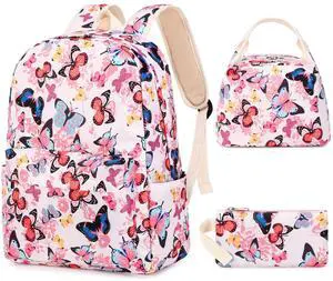 Sunborls Teens Girls Cute Backpack 3 in 1 with Lunch Bag Pencil Bag Set Females Daily Leisure Travel Laptop Backpack He is Also Back To School Student Bookbags (Butterfly Pattern Pink