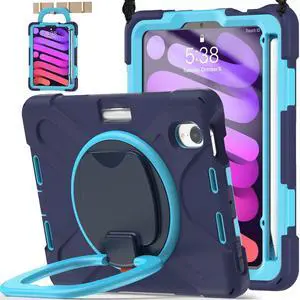 BATYUE Case for iPad Mini 7 (A17 Pro) 2024/ iPad Mini 6 (A15 Bionic) 2021 8.3 inch, Shockproof Case for iPad Mini 7th/6th Gen with Pencil Holder/ 360deg Swivel Stand/Shoulder Strap - Navy Blue