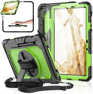 BASE MALL Case for Samsung Galaxy Tab S8/S7 11-inch 5G Tablet Case 2022/2020 [with Tempered Glass Screen Protector], 360deg Rotating Kickstand/Hand & Shoulder Strap/S Pen Holder (Green)