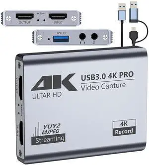 Video Capture Card, USB 3.0 High-Speed Interface, 1080P 60FPS/2K 30FPS/4K 18FPS Game Capture Recording, Compatible for PS5/Switch/Xbox/Camera/PC/OBS, Supports 4K 60FPS HDMI Loop-Out & Microphone Input