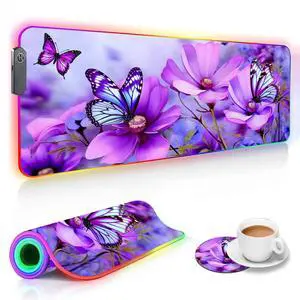 Bosness RGB Gaming Mouse Pad and Coffee Coaster, XXL Large Glowing LED Mousepad, Anti-Slip Rubber Base, Computer Keyboard Desk Mouse Mat 31.5 X 11.8 Inch - Purple Flowers and Butterfly