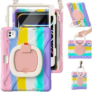 BRAECN for iPad Pro 11-Inch (M4) 2024 Case 5th Generation, Protective Rugged Silicone Cover with Pencil Holder/Stable Kickstand/Shoulder Strap/Screen Protector/Rotating Stand, Colorful Pink