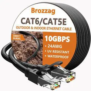 Brozzag 200 Ft Ethernet Cable for Cat5E/Cat6, 10Gbps 24AWG Cat6 Network Cable, Direct Burial Cable, UTP, LLDPE, RJ45 Patch LAN Cord, Waterproof, Indoor&Outdoor, Cat 5E Internet Cable in Black for PC