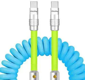 chubbycable Curly Chubby - 240W Coiled USB C Cable Spring Retractable Fast Charging Cable for Car Compatible with CarPlay, Android Auto, Light Blue+Light Green, Type-C to Type-C, 2.29FT-3.6FT