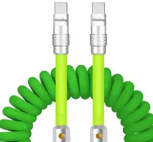 chubbycable Curly Chubby - 240W Coiled USB C Cable Spring Retractable Fast Charging Cable for Car Compatible with CarPlay, Android Auto, Red+Dark Blue, Type-C to Type-C, 2.29FT-3.6FT