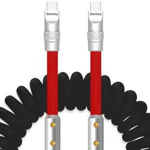 ChubbyCable Colorblock Chubby - Spring Braided Silicone Charge Cable Coiled USB C Cable, 2.29FT-3.6FT, Fast Charging, Type-C to Type-C, Black+Red