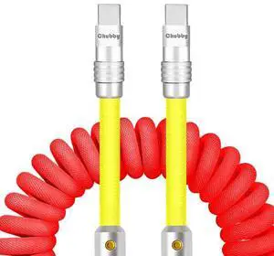 chubbycable Curly Chubby - 240W Coiled USB C Cable Spring Retractable Fast Charging Cable for Car Compatible with CarPlay, Android Auto, Red+Yellow, Type-C to Type-C, 2.29FT-3.6FT