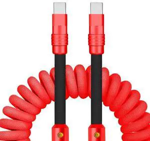 chubbycable Curly Chubby - 240W Coiled USB C Cable Spring Retractable Fast Charging Cable for Car Compatible with CarPlay, Android Auto, Red+Black, Type-C to Type-C, 2.29FT-3.6FT