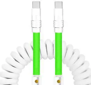 chubbycable Curly Chubby - 240W Coiled USB C Cable Spring Retractable Fast Charging Cable for Car Compatible with CarPlay, Android Auto, White+Green, Type-C to Type-C, 2.29FT-3.6FT