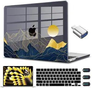 CISSOOK for MacBook Air 15 inch Case 2023 2024 2025 Release Model A2941 M2 / A3114 M3 A3241 M4 Chip, Mountain Hard Shell Case & Keyboard Cover Screen Protector OTG Adapter for MacBook Air 15.3 - Sun